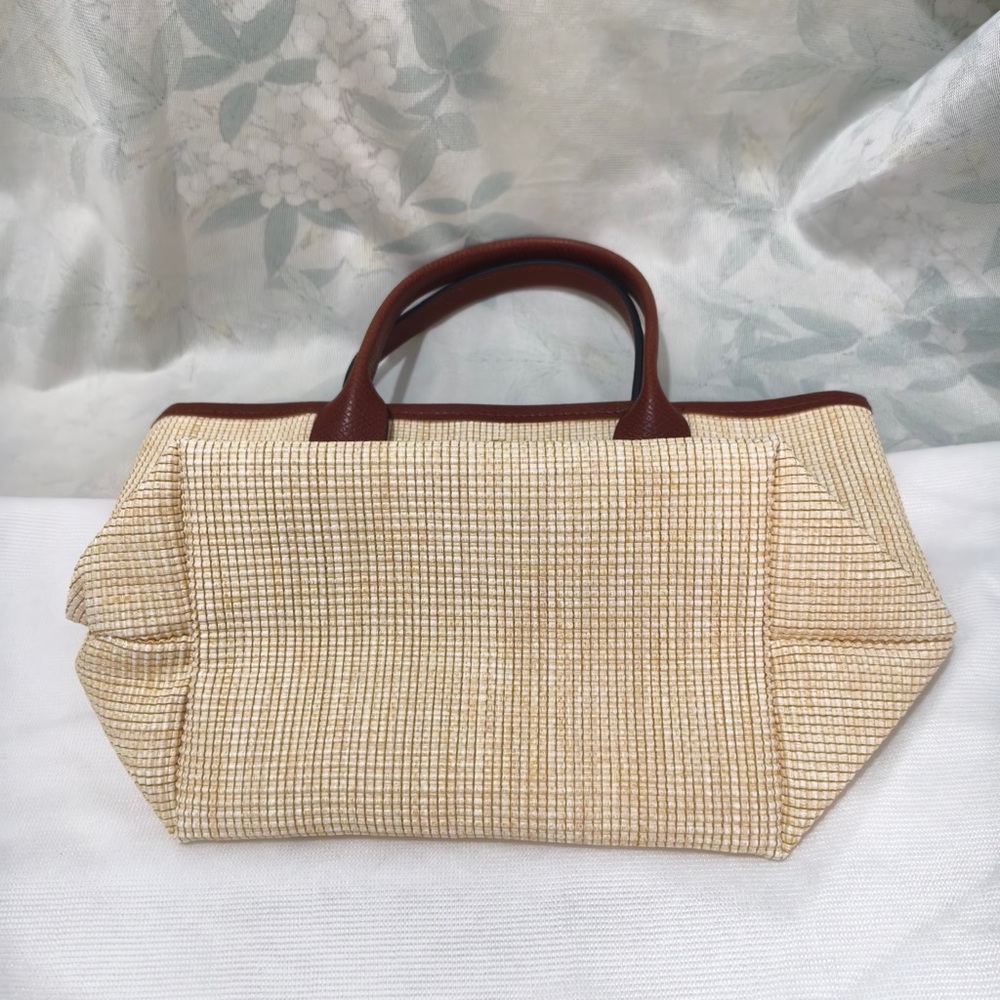 Longchamp Cream Woven Tote with Brown Leather Trim and Horse Motif - Picture 3 of 13